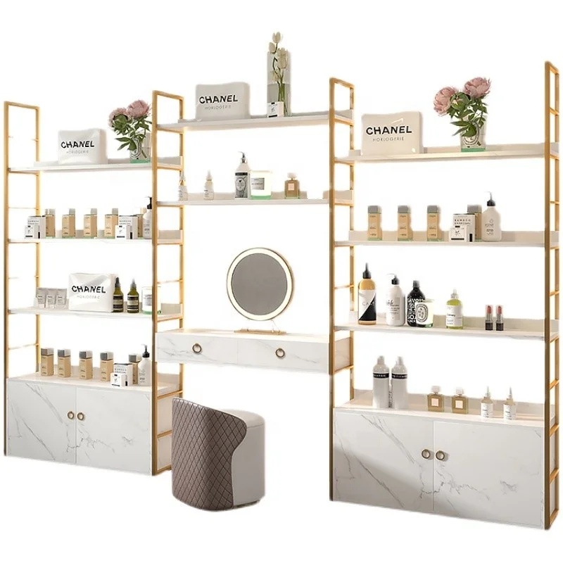 Luxury Skincare Shop - 高級感あふれる小売店向け、高品質なスキンケア製品の展示用キャビネット、美容サロン用のディスプレイラック、および小型キャビネット。